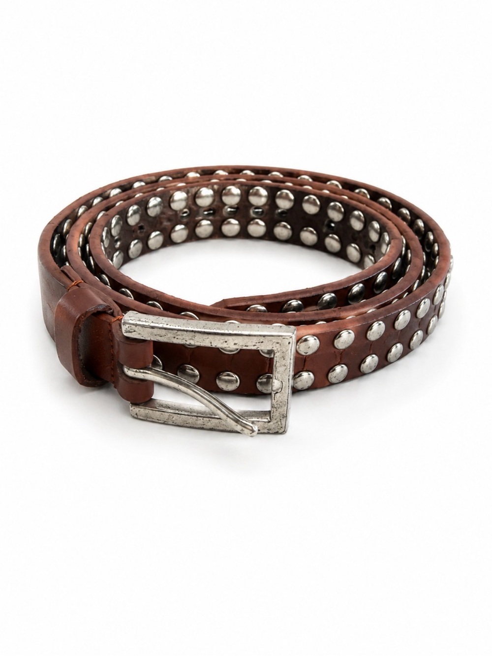 Brown Studded Leather Belt with Silver Buckle